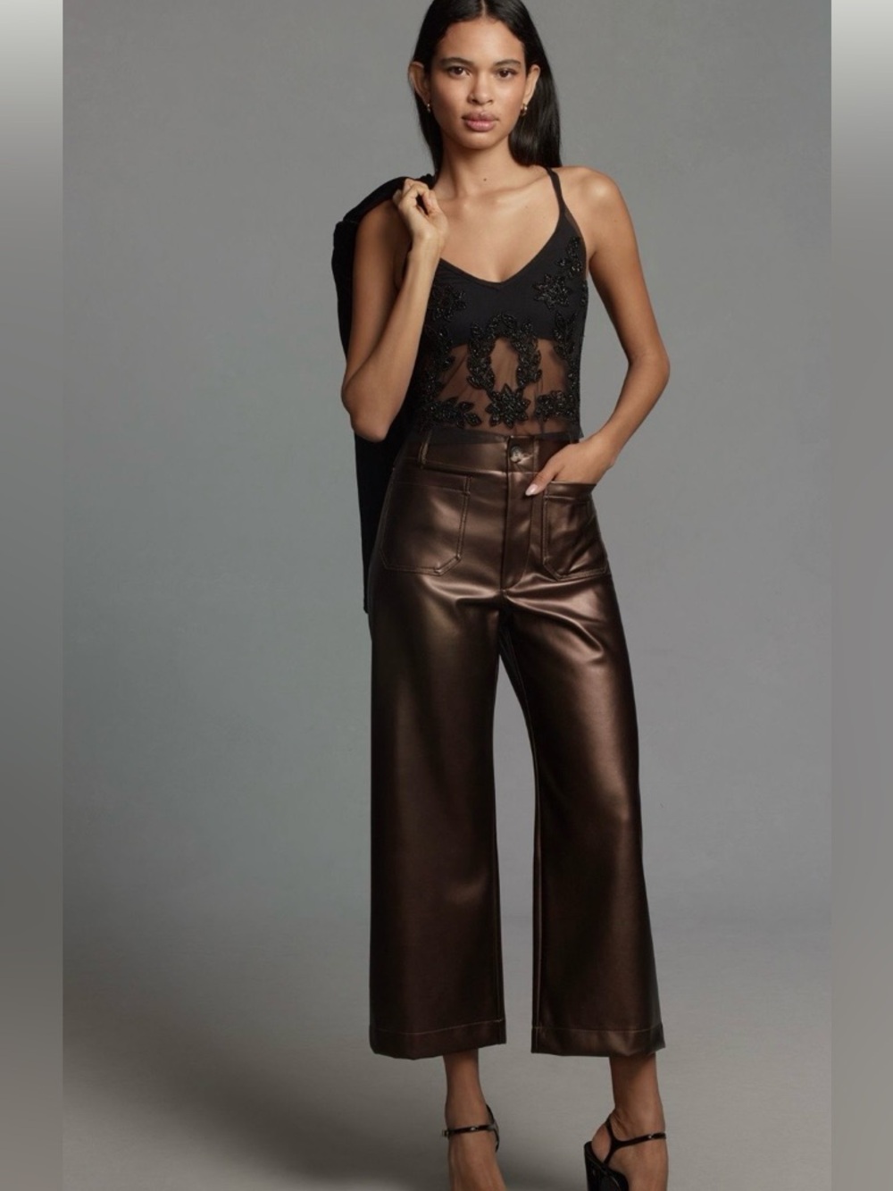 The Colette Cropped Wide-Leg Pants by Maeve: Faux Leather Edition
